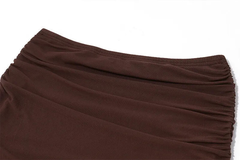 Hollow Out Lace-up Sexy Skirt 2 Piece Sets Women Brown Halter Crop Tops And Maxi Skirt Female Skinny Sexy Two Piece Set