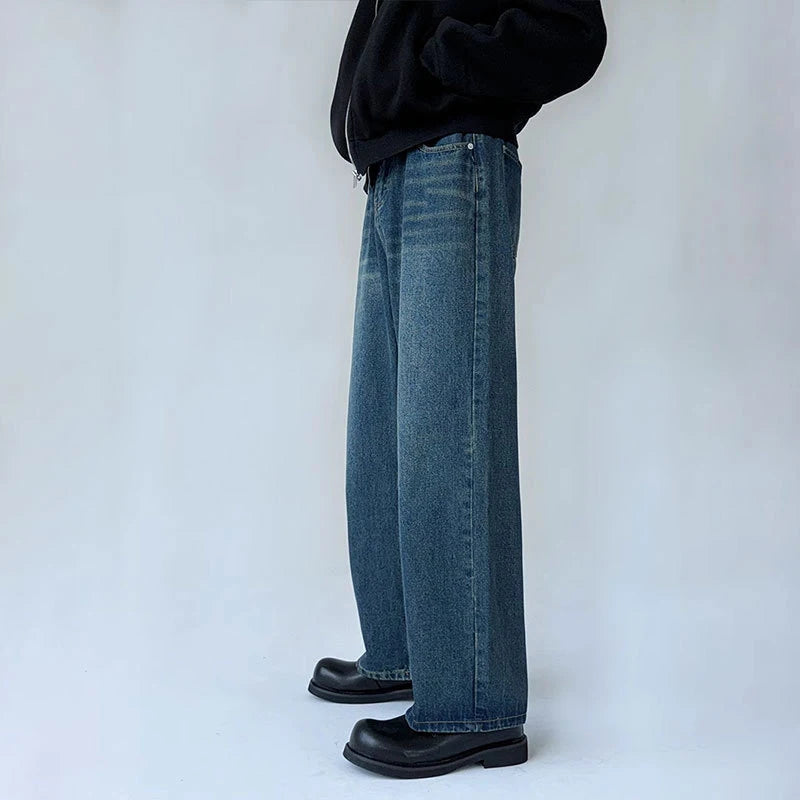 Men's Jeans New American High Street Washed Denim Pants Male Loose Solid Color Casual Fanshion Straight Leg Trousers 9W1428