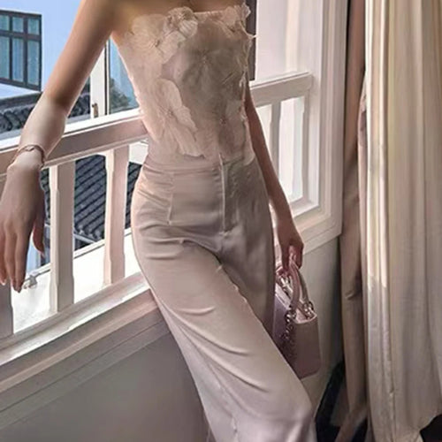 Load image into Gallery viewer, Elegant Two Piece Sets for Women Strapless Sleeveless Spliced 3D Flower Vest High Waist Wide Leg Pant Set Female
