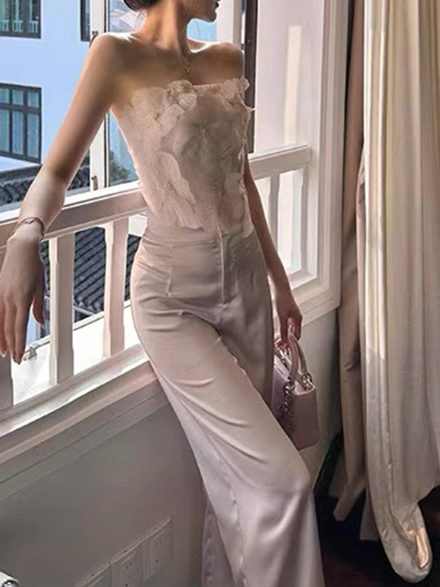 Elegant Two Piece Sets for Women Strapless Sleeveless Spliced 3D Flower Vest High Waist Wide Leg Pant Set Female