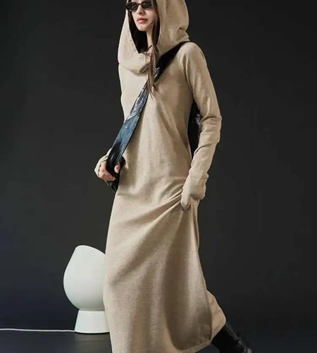 Women Oat Color Knitting Ankle Length Dress New Hooded Long Sleeve Loose Fit Fashion Tide Spring Autumn 2025 1DH3764
