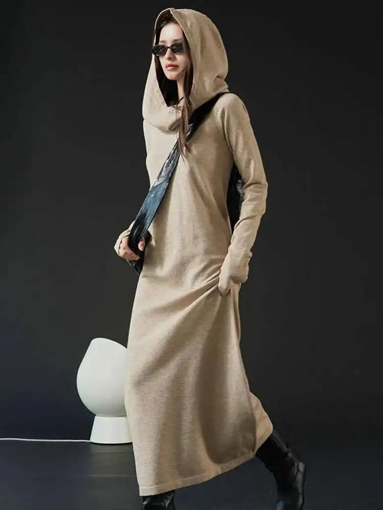 Women Oat Color Knitting Ankle Length Dress New Hooded Long Sleeve Loose Fit Fashion Tide Spring Autumn 2025 1DH3764