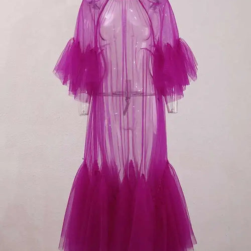 Load image into Gallery viewer, Women Purple Ruffles Mesh Perspective Big Size Long Dress New Round Neck Half Sleeve Fashion Spring Summer 2025 JR7711
