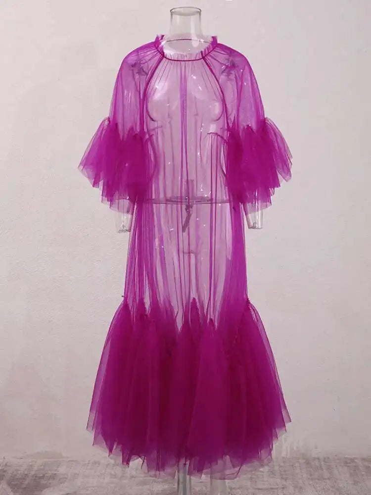 Women Purple Ruffles Mesh Perspective Big Size Long Dress New Round Neck Half Sleeve Fashion Spring Summer 2025 JR7711