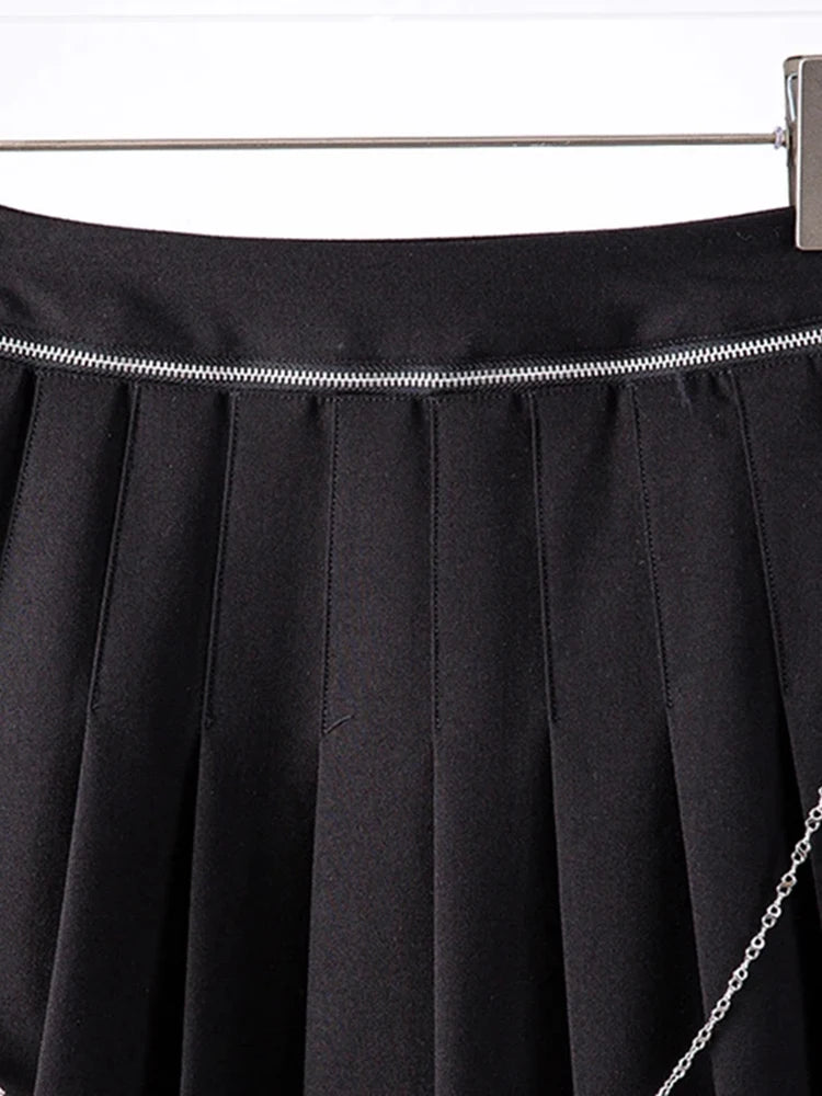 Solid Patchwork Metal Chain Chic Skirt For Women High Waist Spliced Pleated Streetwear A Line Skirts Female Fashion