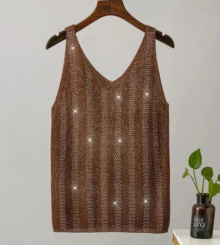 Women Summer Solid Diamond V Neck Loose Backless Short Knitted Slip Tanks Fashion Casual Sleeveless Ladies Vest Tops Vacation