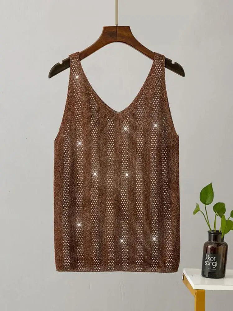 Women Summer Solid Diamond V Neck Loose Backless Short Knitted Slip Tanks Fashion Casual Sleeveless Ladies Vest Tops Vacation