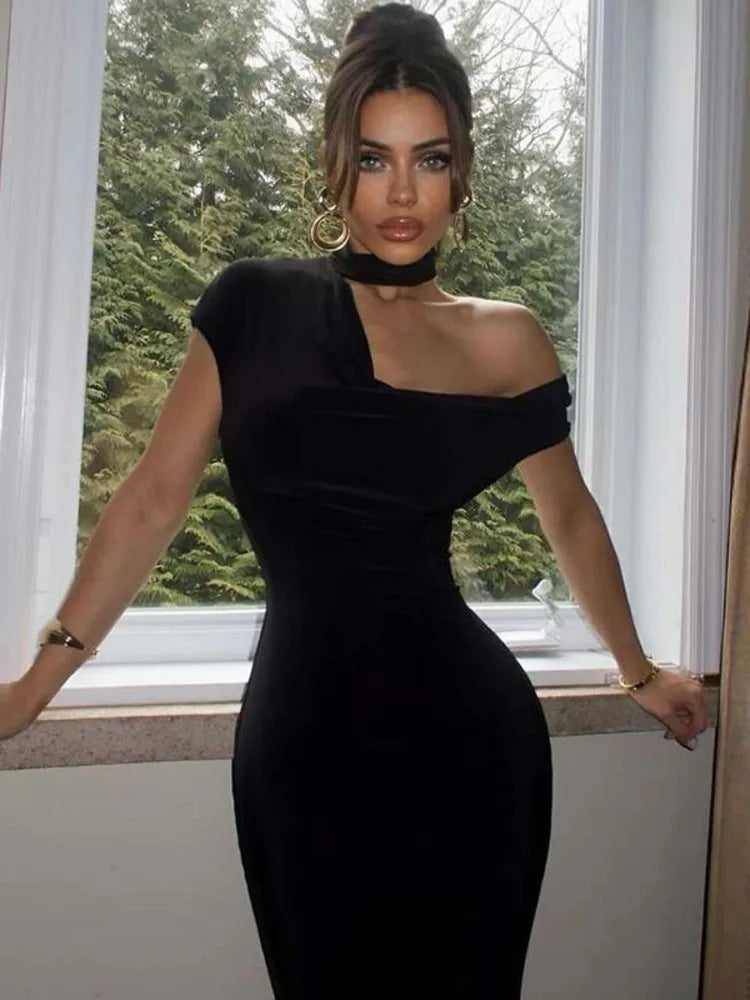 Elegant Sleeveless Irregular Bodycon Dress For Women 2024 Autumn New Fashion Long Dress Off Shoulder Party Evening Dress