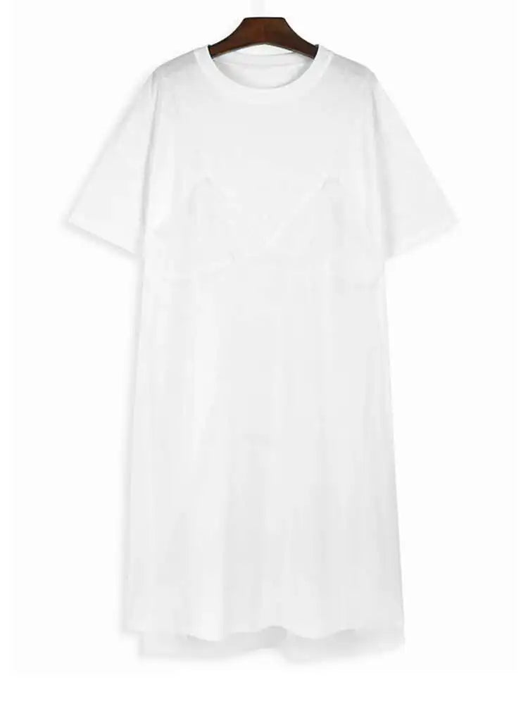 Women Gray Mesh Spliced Big Size Casual Midi Dress New Round Neck Short Sleeve Fashion Tide Spring Summer 2025 1DH9817