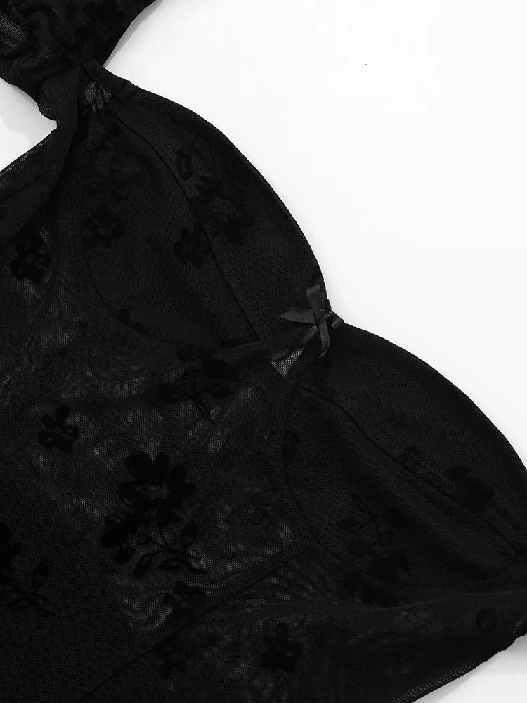 See Through Lace Sexy Mini Dress Women Patchwork Short Sleeve Square Collar Backless High Waist Pleated Club Dress