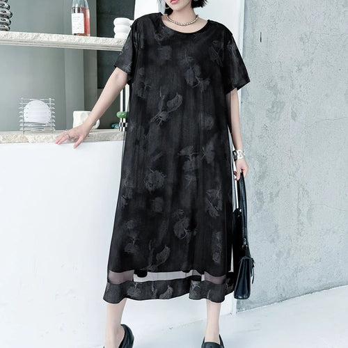 Load image into Gallery viewer, Women Black Printed Mesh Spliced Big Size Midi Dress New Round Neck Short Sleeve Fashion Tide Spring Summer 2025 1DJ0850
