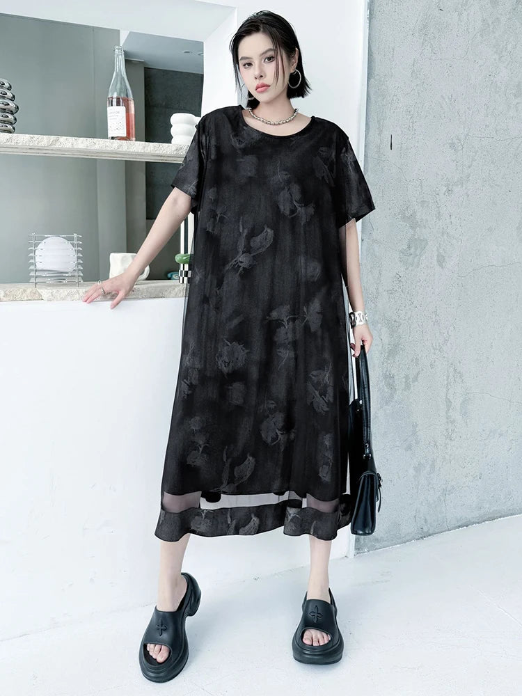 Women Black Printed Mesh Spliced Big Size Midi Dress New Round Neck Short Sleeve Fashion Tide Spring Summer 2025 1DJ0850