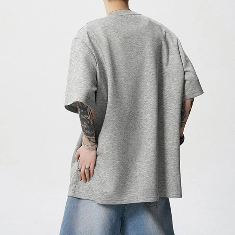 Men's T-shirts Short Sleeve Solid Color Trendy New Korean Style Tie Design Round Neck Pullover Male Clothing 9W1943