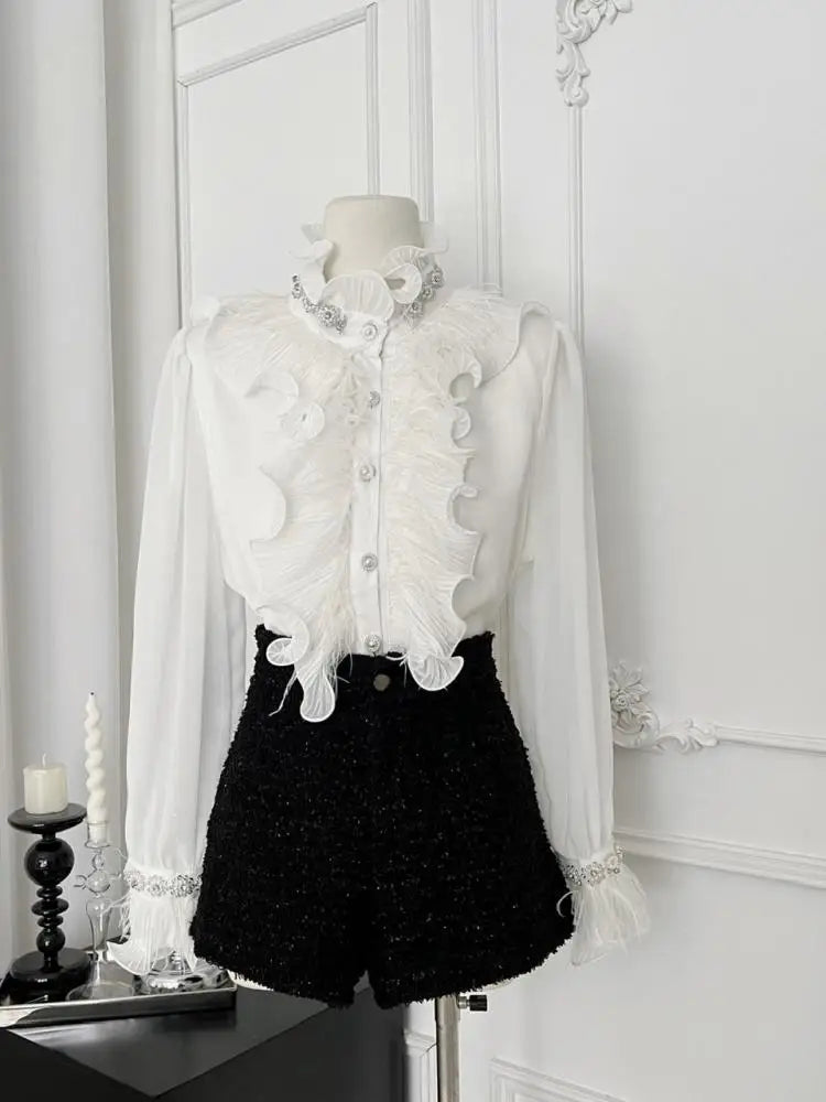 Vintage Fashion Women White Diamond Festival Shirt Autumn Elegant Long Sleeve Blouse French Single Breasted Ruffles Shirt Simple