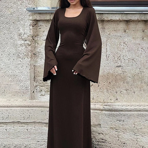 Load image into Gallery viewer, Fashion Elegant Knit Maxi Dress Frill Knit Solid Flare Sleeve Autumn Dress Ladies Basic Lace Up A-Line Long Outfits
