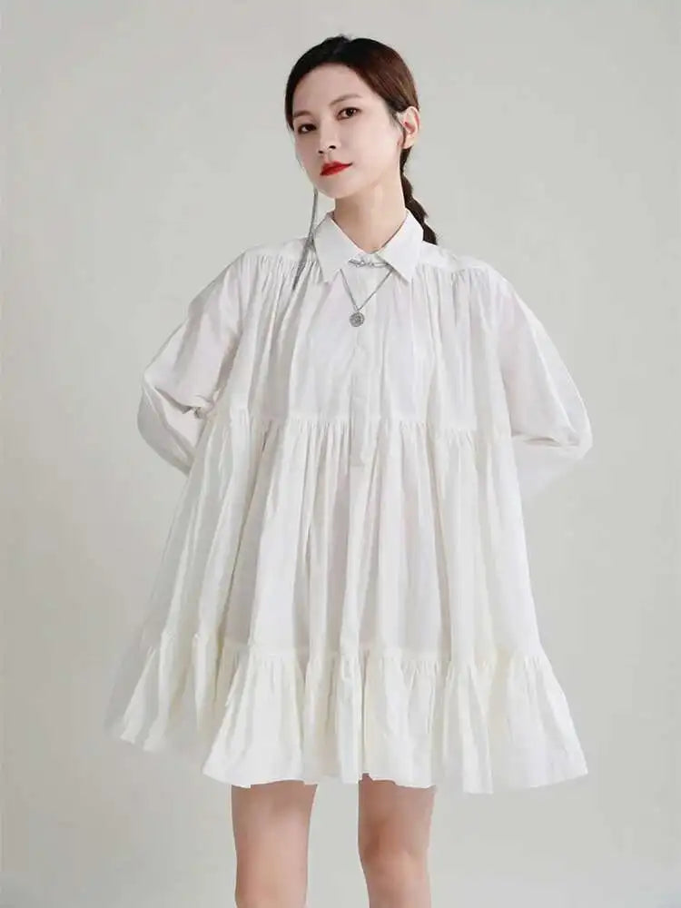 Women Black Pleated Elegant Mini Shirt Dress New Lapel Long Sleeve Loose Fit Fashion Tide Spring Autumn 2025 1DE365901