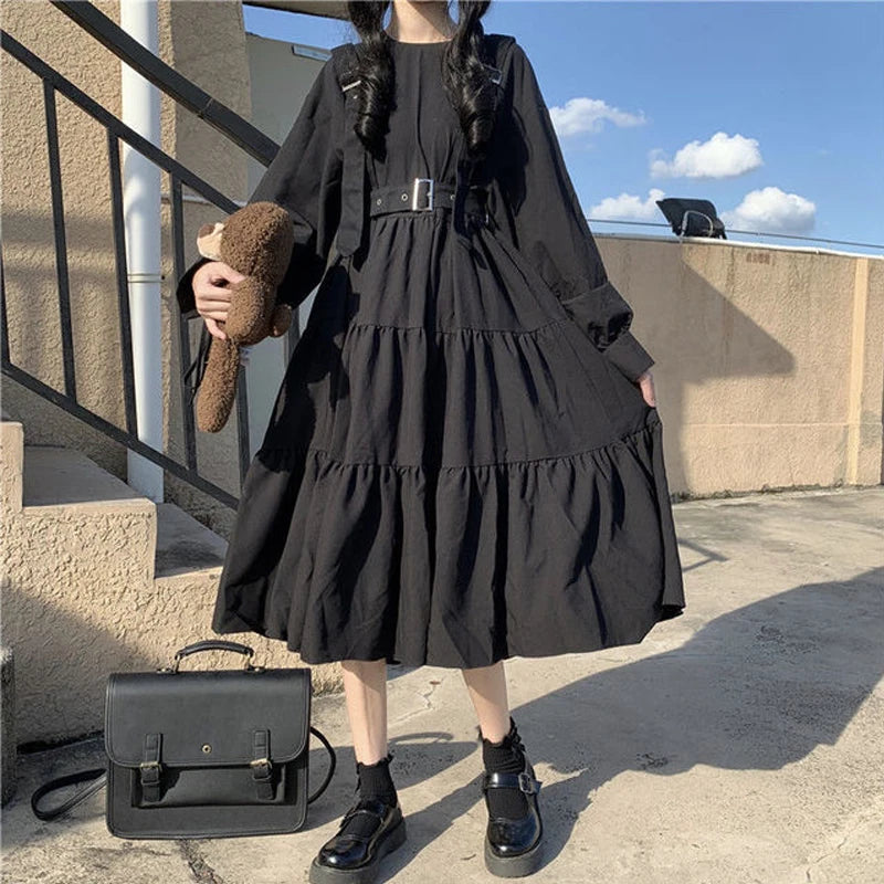 Gothic Style Dress Women Harajuku Gothic Lolita Goth Kawaii Dress Punk Cute Long Sleeve Black Midi Dress Emo Oversize