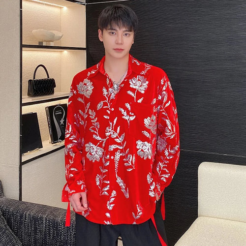 Load image into Gallery viewer, Personality Velvet Male Shirts Lace-up Sequin Embroidery Turn-down Collar Contrast Color Men&#39;s Long Sleeve Tops Tide 9C4984
