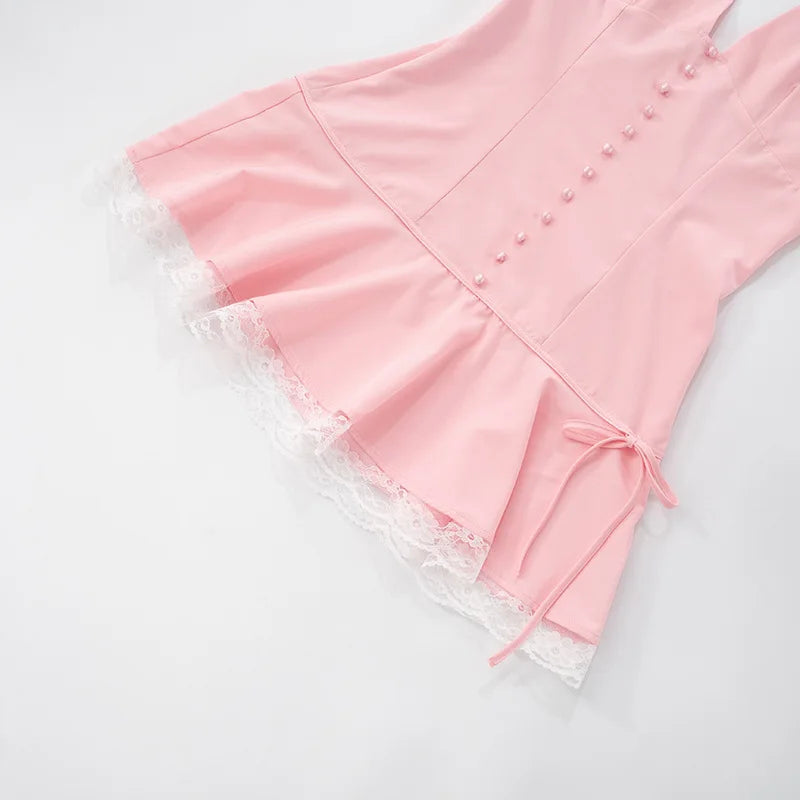 Halter Backless Sexy Mini Dress Women Robe Summer New Lace Patchwork Sleeveless V Neck High Waist Ruffled Dress 2025