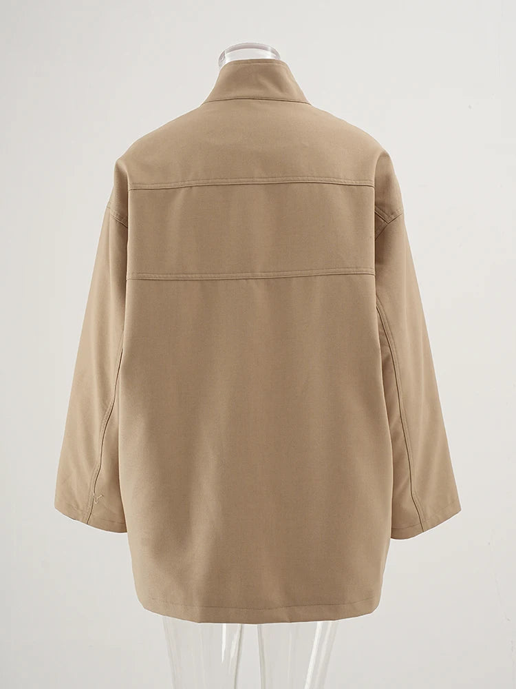 Women Khaki Big Size Casual Trench New Stand Collar Long Sleeve Windbreaker Fashion Tide Spring Autumn 2025 CPG2470