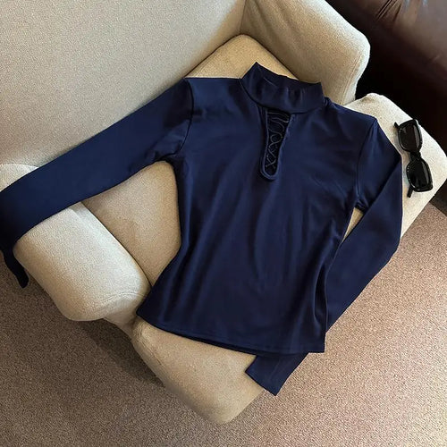 Load image into Gallery viewer, Autumn Winter Elegant Half High Collar Hollow Out Short T Shirt Women New Long Sleeved Slim Tops 2024 Korean Simplicity Clothing
