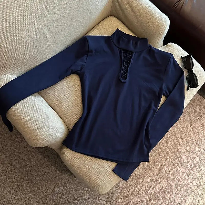 Autumn Winter Elegant Half High Collar Hollow Out Short T Shirt Women New Long Sleeved Slim Tops 2024 Korean Simplicity Clothing