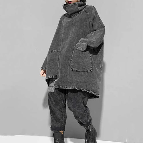 Load image into Gallery viewer, Loose Fit Black Denim Big Size Sweatshirt New High Collar Long Sleeve Women Big Size Fashion Spring Autumn 2025 1K166
