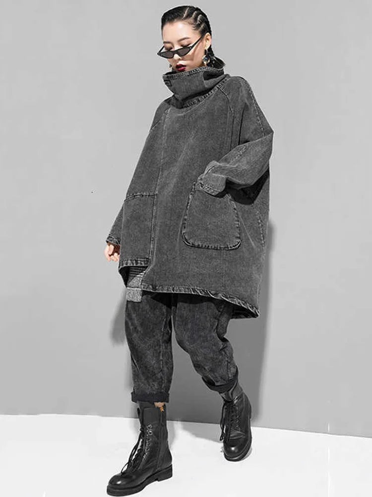 Loose Fit Black Denim Big Size Sweatshirt New High Collar Long Sleeve Women Big Size Fashion Spring Autumn 2025 1K166