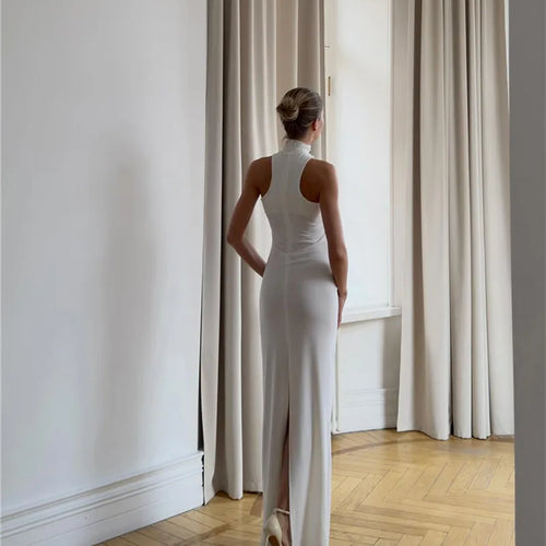 Load image into Gallery viewer, Turtleneck Off-shoulder Sexy Knit Maxi Dress For Women Gown Metal Buckle Strapless Sleeveless High Waist Knitted Dress
