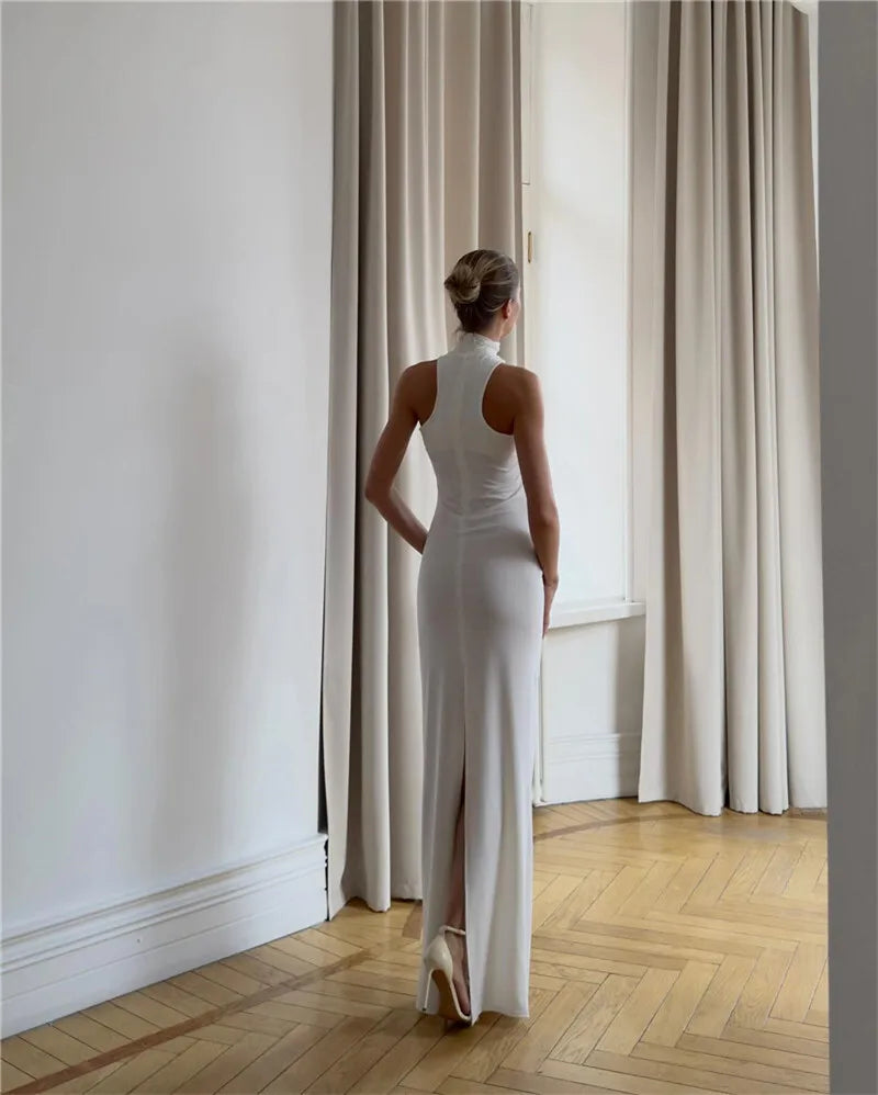 Turtleneck Off-shoulder Sexy Knit Maxi Dress For Women Gown Metal Buckle Strapless Sleeveless High Waist Knitted Dress