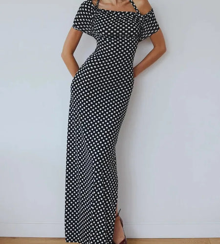 Off-shoulder Polka Dot Maxi Dress For Women Gown Fashion Halter Sleeveless Backless bodycon Split Long Dress Elegant