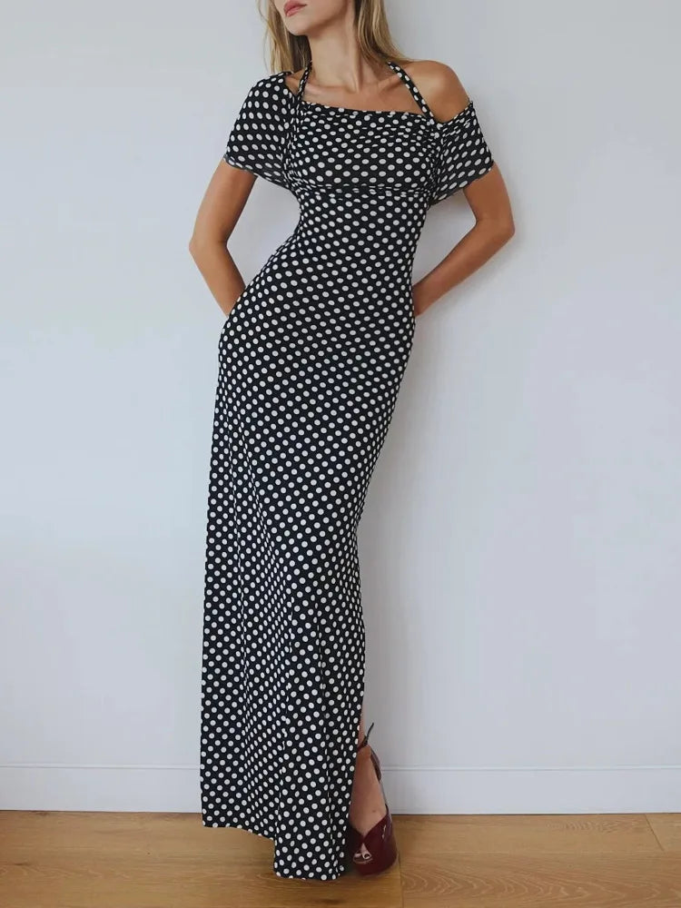 Off-shoulder Polka Dot Maxi Dress For Women Gown Fashion Halter Sleeveless Backless bodycon Split Long Dress Elegant