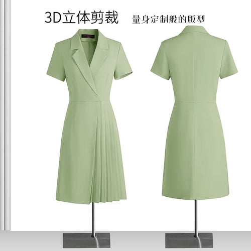 Load image into Gallery viewer, Korean Solid Office Professional Workwear Blazer Dress For Women 2024 Summer Short Sleeve High Waist Vacation Pleated Midi Dress

