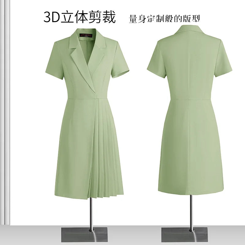 Korean Solid Office Professional Workwear Blazer Dress For Women 2024 Summer Short Sleeve High Waist Vacation Pleated Midi Dress