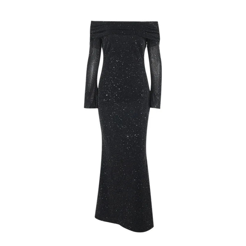Glitter Off-shoulder Sexy Maxi Dress For Women Gown Black Strapless Long Sleeve Bodycon Club Party Sparkle Long Dress
