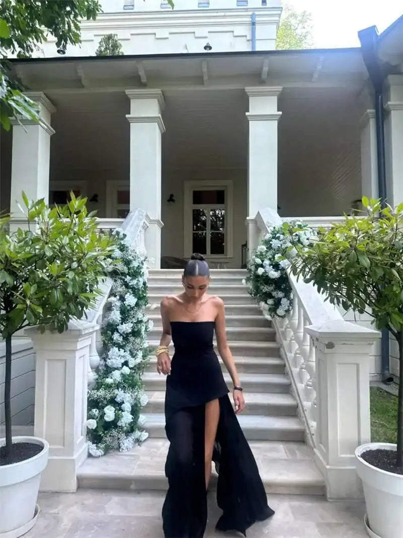 Elegant Strapless Sexy Maxi Dress For Women Gown With Scarf Off-shoulder Sleeveless Backless Split Beach Long Dress