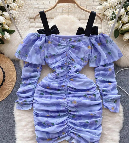 French Sexy Club Off Shoulder Bow Slip Mini Dresses For Women Purple Floral  Patchwork Asymmetry Pleated Dress Korea 2023 Autumn