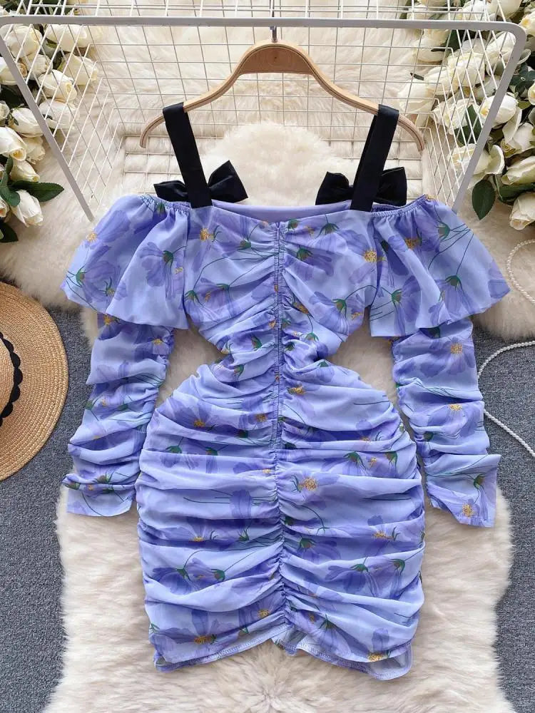 French Sexy Club Off Shoulder Bow Slip Mini Dresses For Women Purple Floral  Patchwork Asymmetry Pleated Dress Korea 2023 Autumn