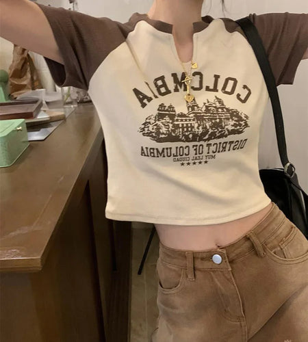 Vintage Printed T-Shirts Women Slim V-Neck Crop Top Y2k Aesthetic Short Sleeve Streetwear Grunge Tee Korean Version Pullovers