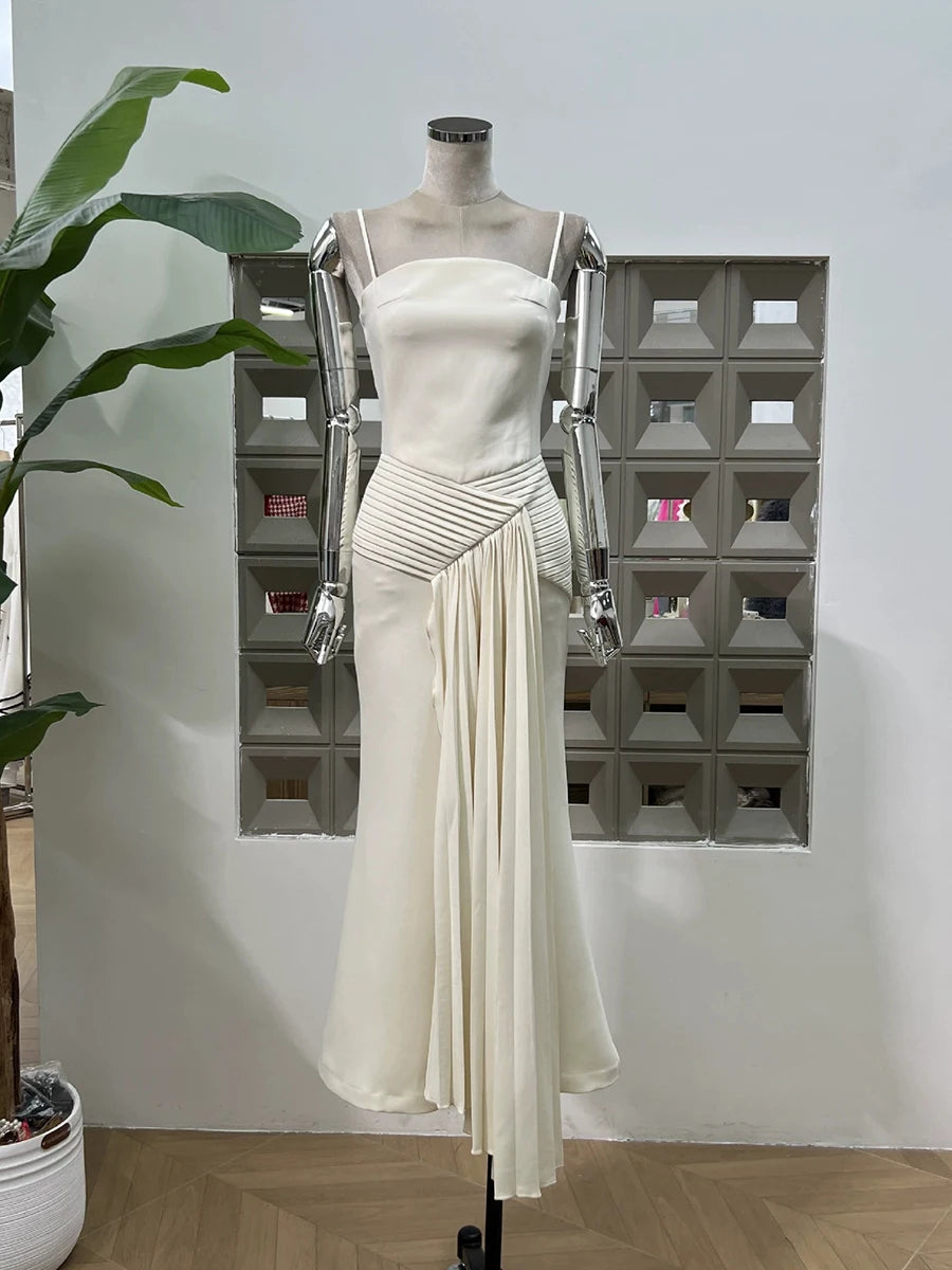 Solid Spliced Folds Elegant Dresses for Women Square Neck Sleeveless High Waist Fashion Dress Female Clothing New