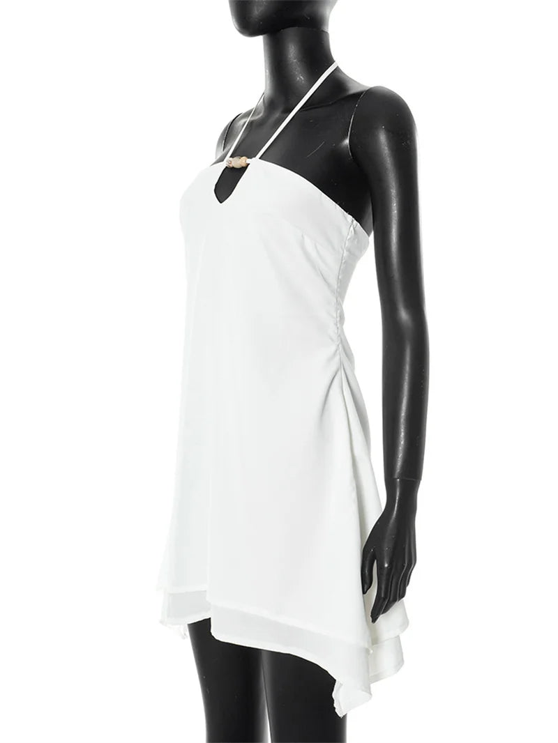 Halter Off-shoulder Backless Sexy Mini Dress Women White Hollow Out Strapless Lace-up A-line Club Dress Summer 2025