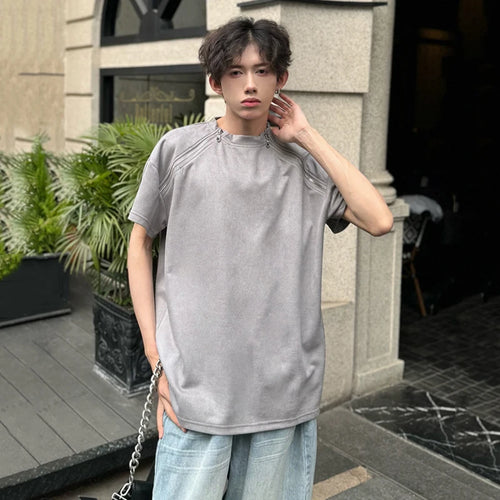 Load image into Gallery viewer, Simple Men&#39;s Suede T-shirts Loose Round Neck Short Sleeve Zipper Patchwork Casual Male Tops Stylish Summer 6253
