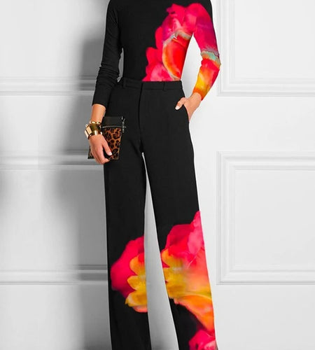 Casual Spring Women Tops Fashion Contrast Color Printed 2024 New Long Sleeve High Neck Skinny T-Shirts For Office Lady