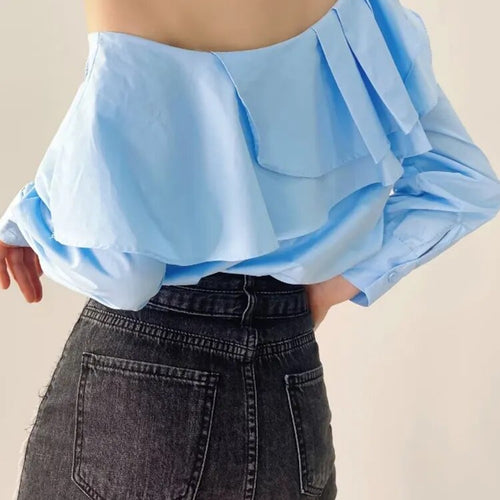 Load image into Gallery viewer, Minimalist Ruffles Shirts For Women Skew Collar Long Sleeve Ruffles Casual Loose Blouse Female Fashion Clothing
