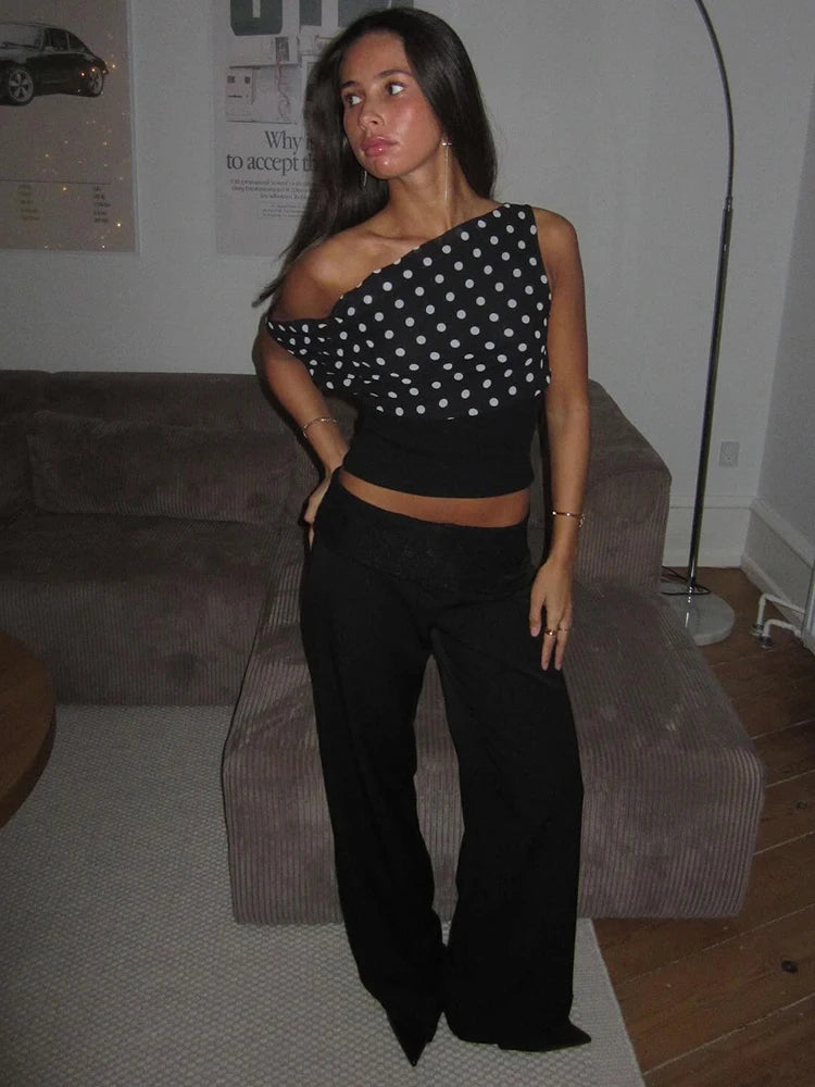 Backless Polka Dot Crop Tops Women Vest Fashion Summer New Oblique Shoulder Sleeveless Tank Tops Pullovers Female