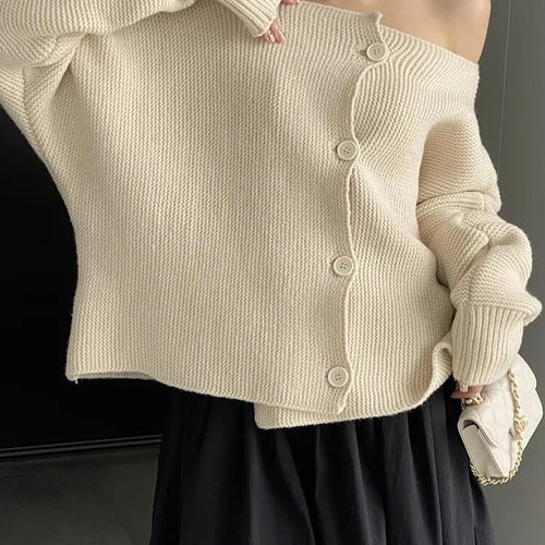 Load image into Gallery viewer, Solid Temperament Sweaters For Women Slash Neck Long Sleeve Patchwork Button Minimalist Sweater Female Fashion
