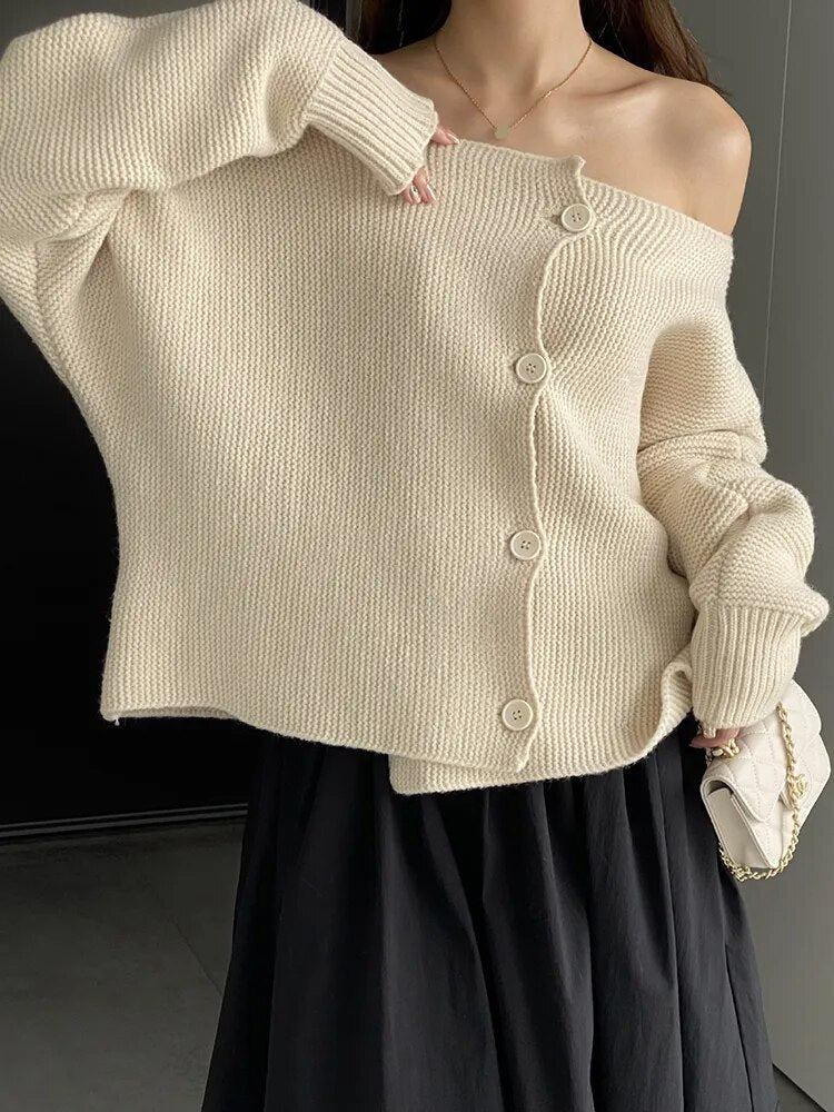 Solid Temperament Sweaters For Women Slash Neck Long Sleeve Patchwork Button Minimalist Sweater Female Fashion