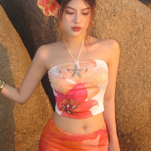 Load image into Gallery viewer, Colorful Wrap Tops Women Flower Print Chest Wrap Sleeve Backless Skinny Beach Party Simple Classic Summer Mini Clothes
