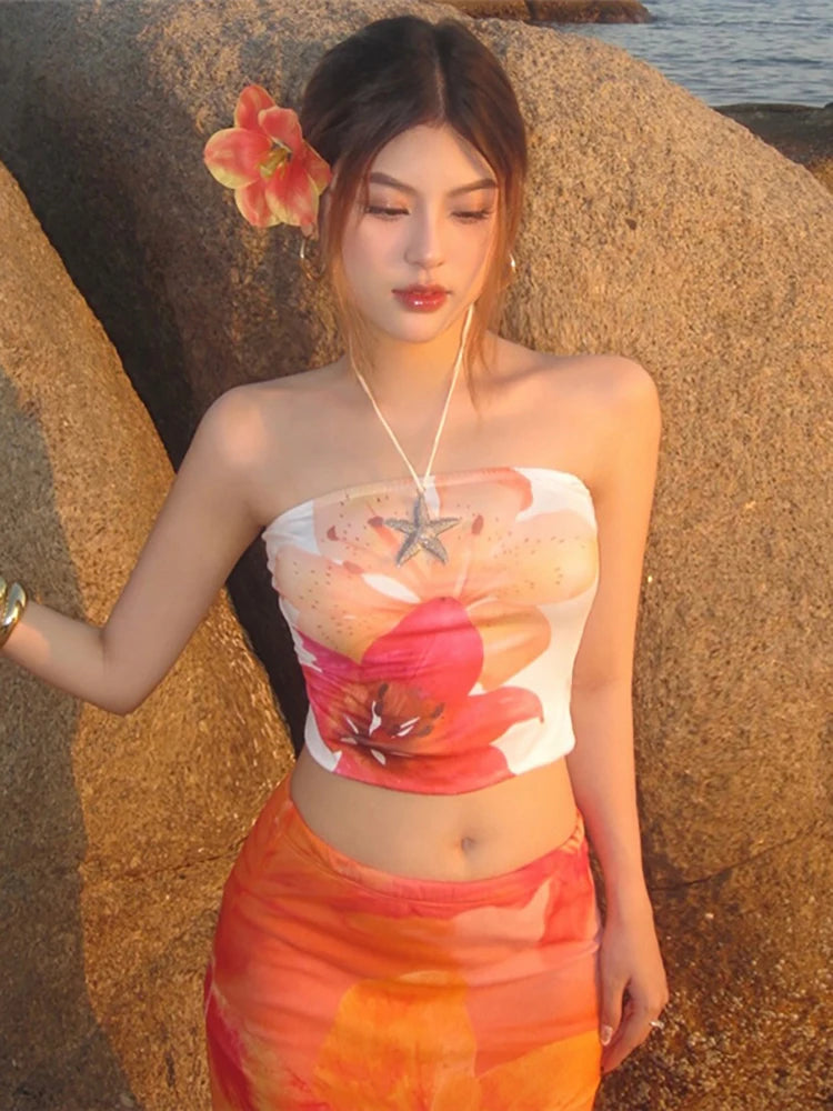 Colorful Wrap Tops Women Flower Print Chest Wrap Sleeve Backless Skinny Beach Party Simple Classic Summer Mini Clothes