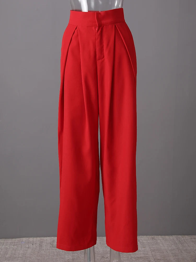 High Waist Red Brief Pleated Long Wide Leg Elegant Pants New Trousers Women Fashion Tide Spring Autumn 2025 30A1697